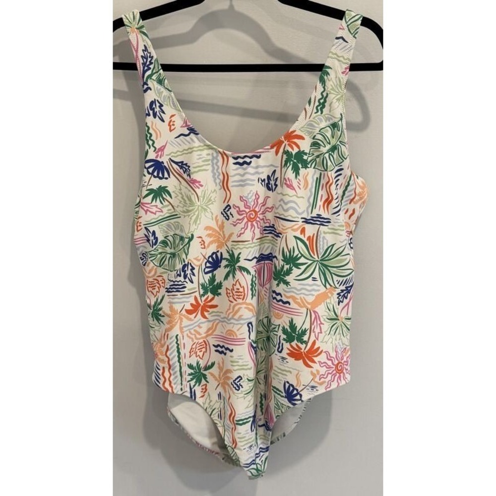 Old Navy One Piece Matte Swimsuit White Palm‎ Beach Sailboat Print Size XL